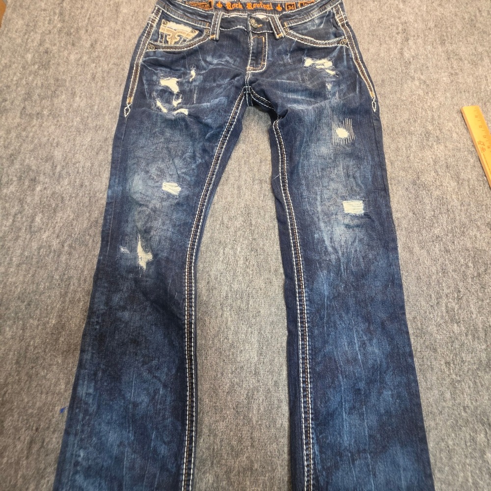 Rock Revival Lowry Straight Leg Distressed Jeans Mens 34 Dark Wash Fleur De Lis